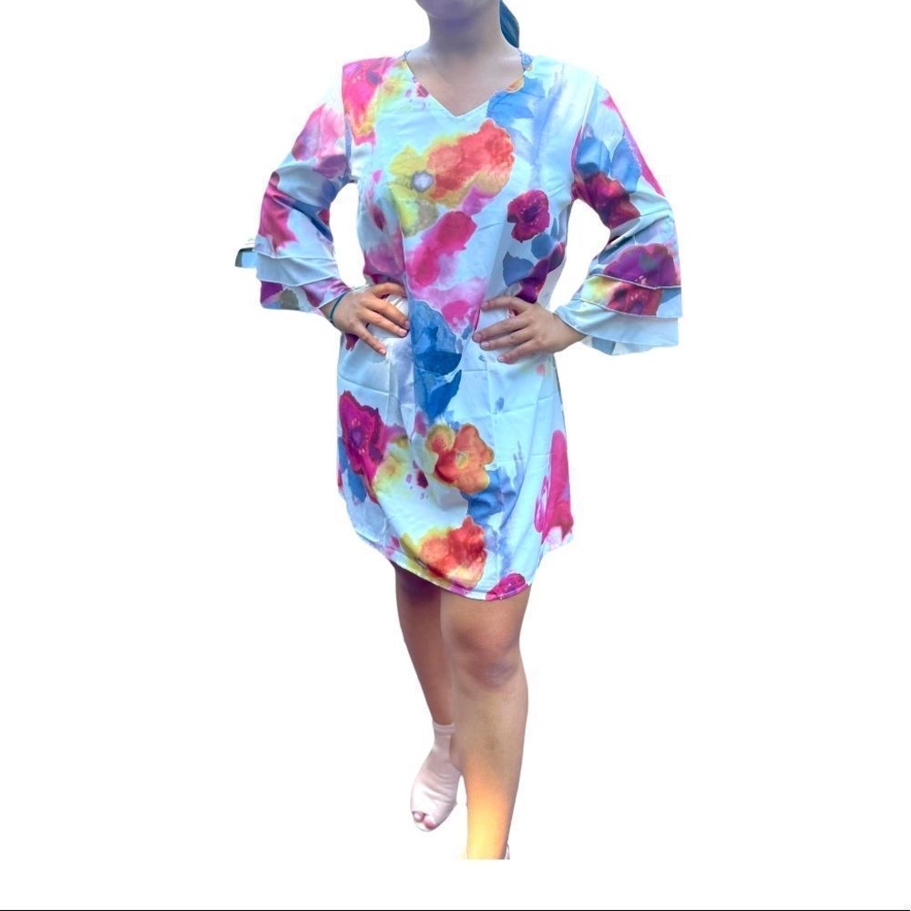NWT Women's A Line Dress Short Mini Dress 3/4 Length Sleeve Floral Large